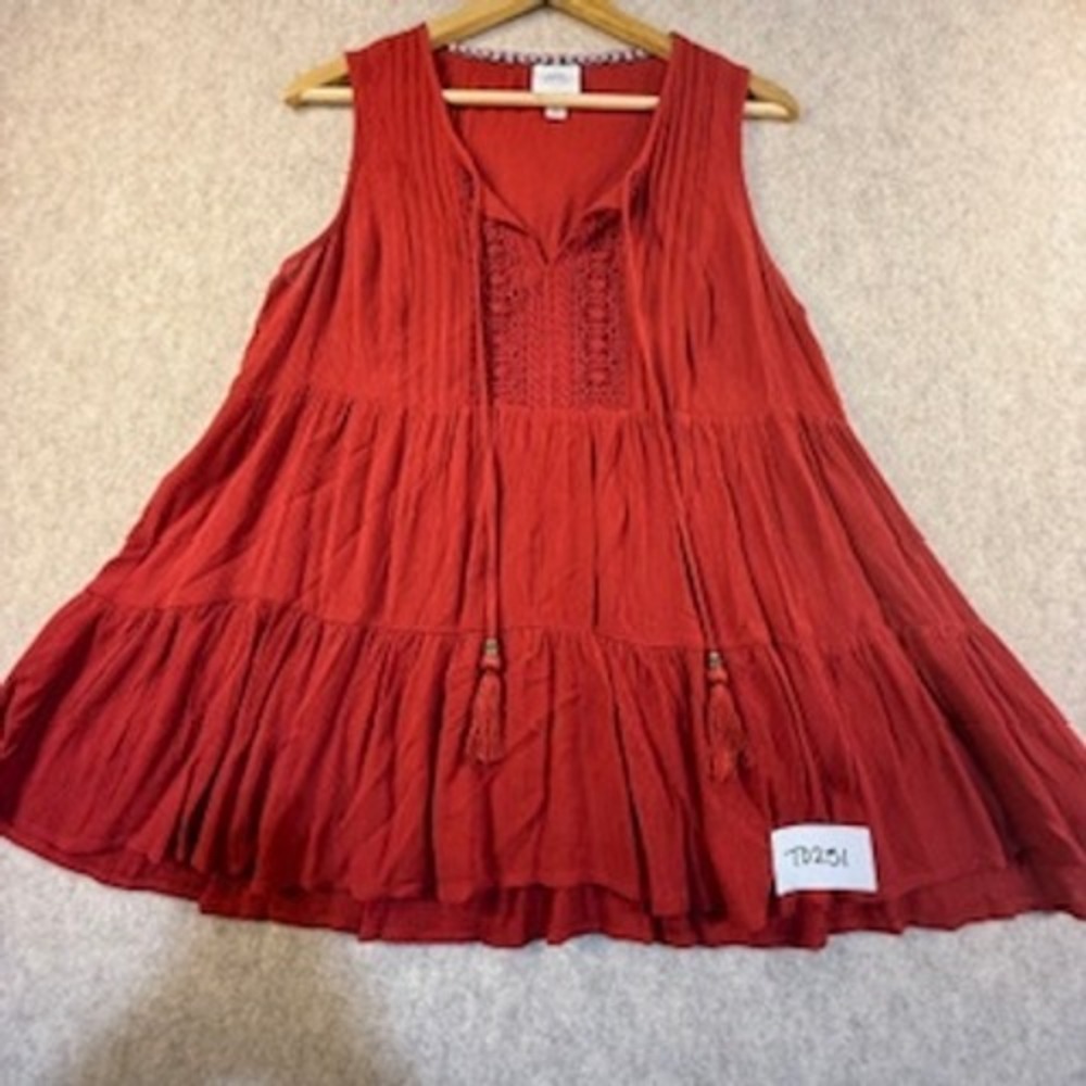 Knox Rose Rust Red Tiered Babydoll Top Sleeveless Crochet Tassel Boho Medium